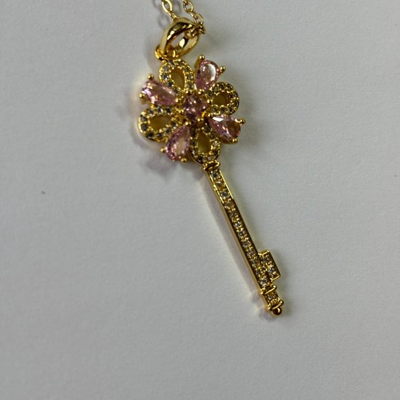 Gold 2 ct Zircon and Rose Quartz Pendant Necklace - Picture 10 of 17